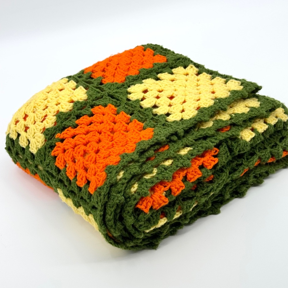 Vintage 70’s Granny Square Handmade Wool Crochet Afghan Throw